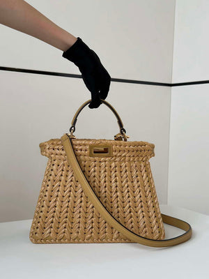 Fendi 8BN327 Peekaboo ISeeU Small Sand leather and interlaced fibre bag 80169M - Default Title - View 1