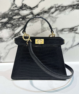 Fendi 8BN335 Peekaboo ISeeU Petite Black Lizard Skin Leather Bag 66802 - Default Title - View 2