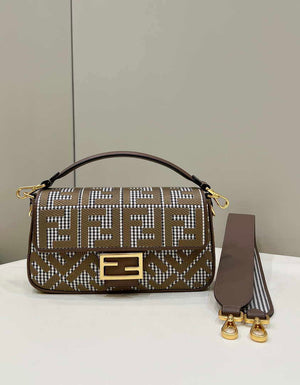 Fendi 8BR600 Baguette Brown houndstooth wool bag with FF embroidery - Default Title - View 1