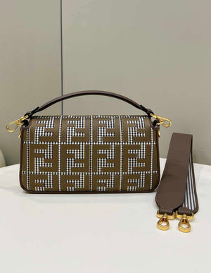 Fendi 8BR600 Baguette Brown houndstooth wool bag with FF embroidery - Default Title - View 2