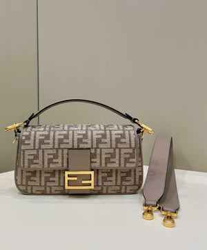 Fendi 8BR600 Baguette Chain Midi Dove gray FF tapestry fabric bag 8579 - Default Title - View 1