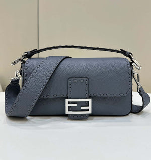 Fendi 8BR600 Baguette Grey blue Selleria bag with Oversized Topstitching 8610 - Default Title - View 1