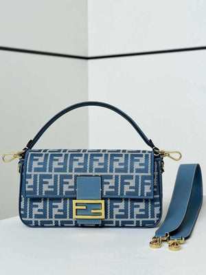 Fendi 8BR600 Baguette Medium bag Blue denim-effect FF jacquard bag - Default Title - View 1