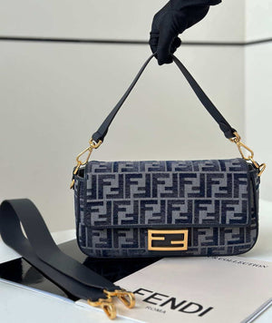 Fendi 8BR600 Baguette Medium bag navy Blue denim-effect FF jacquard bag - Default Title - View 1