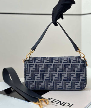 Fendi 8BR600 Baguette Medium bag navy Blue denim-effect FF jacquard bag - Default Title - View 2