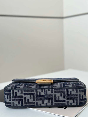 Fendi 8BR600 Baguette Medium bag navy Blue denim-effect FF jacquard bag - Default Title - View 3