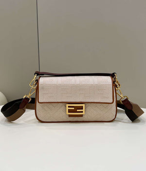 Fendi 8BR600 Baguette Medium bag with FF embroidery Beige 0159A - Default Title - View 1