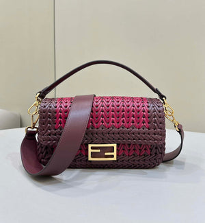 Fendi 8BR600 Baguette Wine Red interlaced leather and raffia bag 8630 - Default Title - View 1