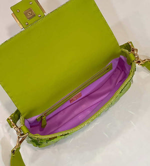 Fendi 8BR600 Medium Baguette Acid green sequin and leather bag 8601 - Default Title - View 10