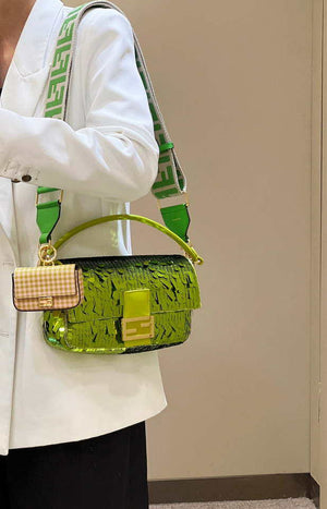 Fendi 8BR600 Medium Baguette Acid green sequin and leather bag 8601 - Default Title - View 15