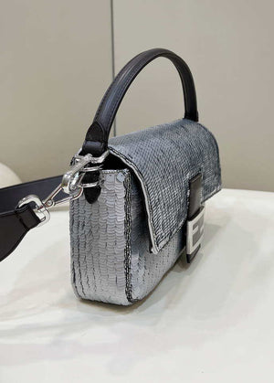 Fendi 8BR600 Medium Baguette Silver sequin and leather bag 8601 - Default Title - View 3