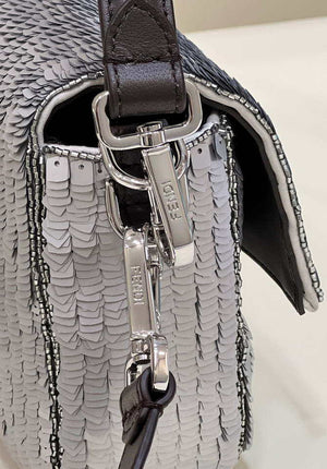 Fendi 8BR600 Medium Baguette Silver sequin and leather bag 8601 - Default Title - View 5