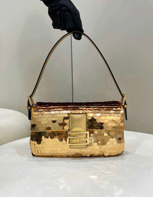 Fendi 8BR792 Medium Baguette 1997 Gold Satin Bag with Sequins 8528 - Default Title - View 1