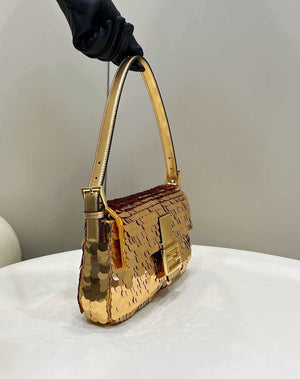 Fendi 8BR792 Medium Baguette 1997 Gold Satin Bag with Sequins 8528 - Default Title - View 3