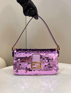 Fendi 8BR792 Medium Baguette 1997 Purple Satin Bag with Sequins 8528 - Default Title - View 2