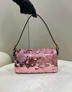 Fendi 8BR792 Medium Baguette 1997 Rose Red Satin Bag with Sequins 8528 - Default Title - View 2