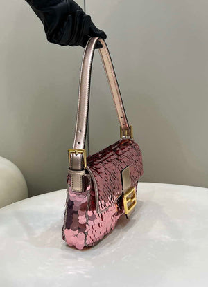 Fendi 8BR792 Medium Baguette 1997 Rose Red Satin Bag with Sequins 8528 - Default Title - View 4