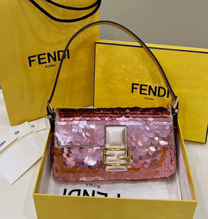 Fendi 8BR792 Medium Baguette 1997 Rose Red Satin Bag with Sequins 8528 - Default Title - View 10