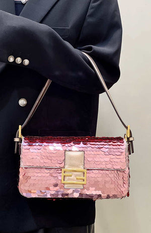 Fendi 8BR792 Medium Baguette 1997 Rose Red Satin Bag with Sequins 8528 - Default Title - View 12