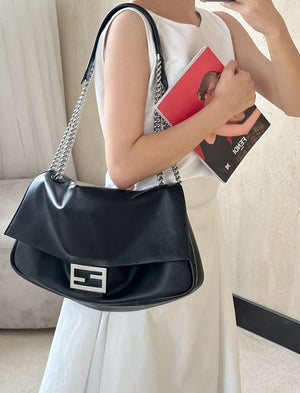 Fendi 8BR828AS7AF1QD0 Baguette Chain Large Black leather bag Black 8669 - Default Title - View 2