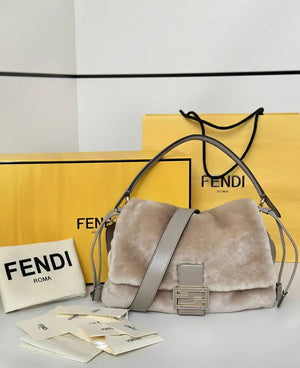 Fendi 8BR833AYCUF0NGA Mamma Baguette Medium Beige shearling bag 8693L - Default Title - View 1