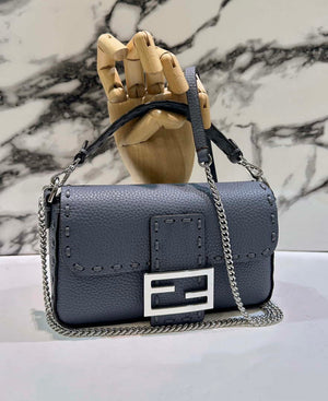 Fendi 8BS017 Baguette Mini Gray Blue Selleria bag with 309 hand-sewn Tpstitches 8610S - Default Title - View 1