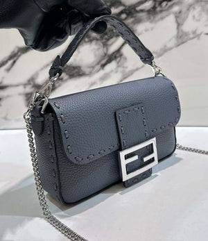 Fendi 8BS017 Baguette Mini Gray Blue Selleria bag with 309 hand-sewn Tpstitches 8610S - Default Title - View 2