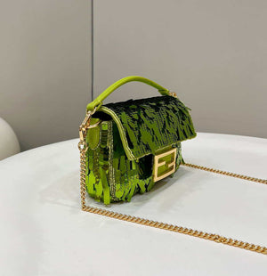 Fendi 8BS017 Mini Baguette Acid green sequin and leather bag 8601s - Default Title - View 3