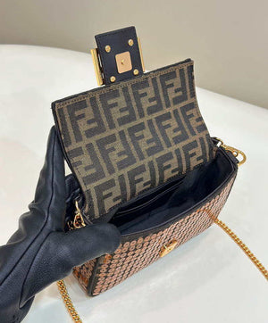 Fendi 8BS017 Mini Baguette Brown FF jacquard fabric bag with sequins - Default Title - View 9