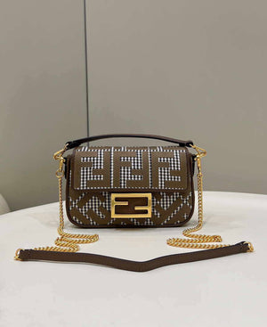 Fendi 8BS017 Mini Baguette Brown houndstooth wool bag with FF embroidery 8588S - Default Title - View 1
