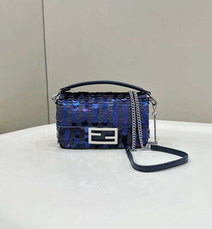 Fendi 8BS017 Mini Baguette Dark and mid blue sequin and leather bag 8601s - Default Title - View 1