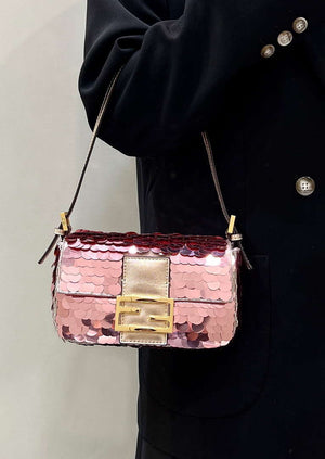 Fendi 8BS017 Mini Baguette Rose red sequin and leather bag 8601s - Default Title - View 1