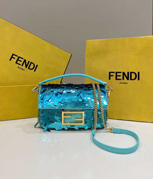 Fendi 8BS017 Mini Baguette Turquoise sequin and leather bag 8601s - Default Title - View 1