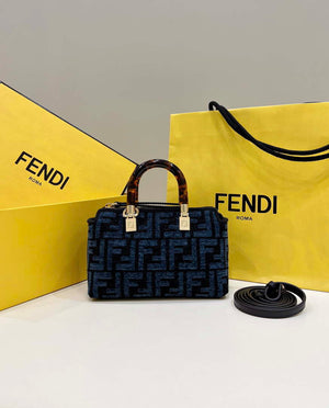 Fendi 8BS067 By The Way Mini Small Boston Jacquard FF fabric bag Navy blue - Default Title - View 1