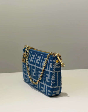 Fendi 8BS073 Baguette Pouch Blue denim-effect FF jacquard charm pouch with chain - Default Title - View 2