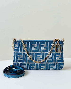 Fendi 8BS073 Baguette Pouch Blue denim-effect FF jacquard charm pouch with chain - Default Title - View 9