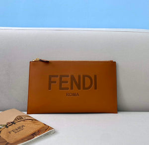 Fendi 8N0178AC9S Fendi logo flat pouch clutch 8370S Tan - Default Title - View 1