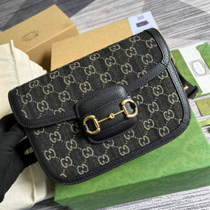 Gucci Horsebit 1955 shoulder bag 602204 Black and ivory GG denim jacquard - Default Title - View 1