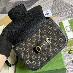 Gucci Horsebit 1955 shoulder bag 602204 Black and ivory GG denim jacquard - Default Title - View 7