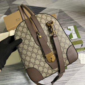 Gucci 645021 GG Duffle Bag With Web Leather Brown - Default Title - View 3