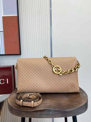 Gucci 857362 Large Shoulder With Chain Bag Leather Brown Pink GG - Default Title - View 5
