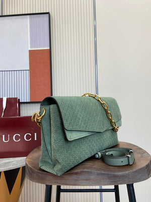 Gucci 857362 Large Shoulder With Chain Bag Suede Green GG - Default Title - View 2