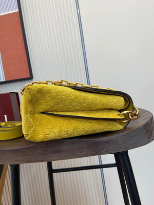 Gucci 857362 Large Shoulder With Chain Bag Suede Yellow GG - Default Title - View 7