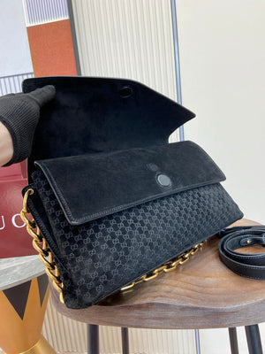 Gucci 857362 Large Shoulder With Chain Bag Suede Black GG - Default Title - View 9