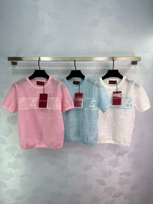 Gucci Women Knitted crew neck short-sleeved cherry Double G logo jacquard G85269 - Pink / S - View 1