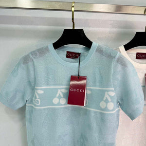 Gucci Women Knitted crew neck short-sleeved cherry Double G logo jacquard G85269 - Pink / S - View 4