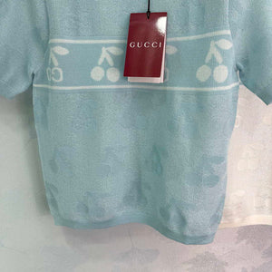 Gucci Women Knitted crew neck short-sleeved cherry Double G logo jacquard G85269 - Pink / S - View 5