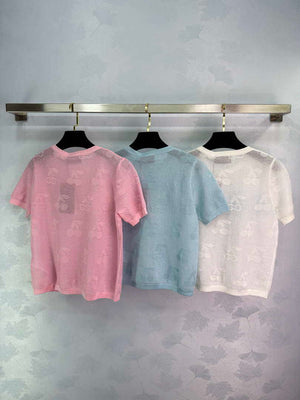 Gucci Women Knitted crew neck short-sleeved cherry Double G logo jacquard G85269 - Pink / S - View 9