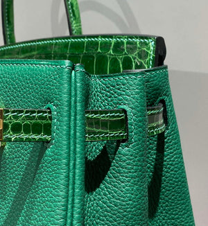 Hermes Birkin Tote Bag Togo Leather With High Gloss Nile Crocodile Emerald H28810 - Default Title - View 4