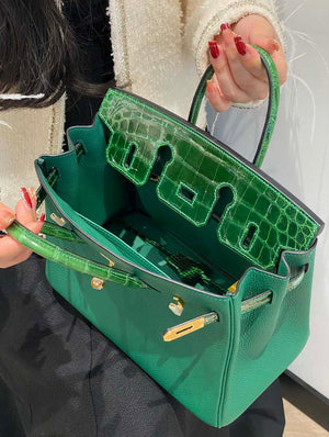 Hermes Birkin Tote Bag Togo Leather With High Gloss Nile Crocodile Emerald H28810 - Default Title - View 5